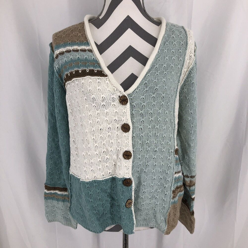 Orvis Blue White Brown Patchwork Knit Cardigan Button Up Sweater Large